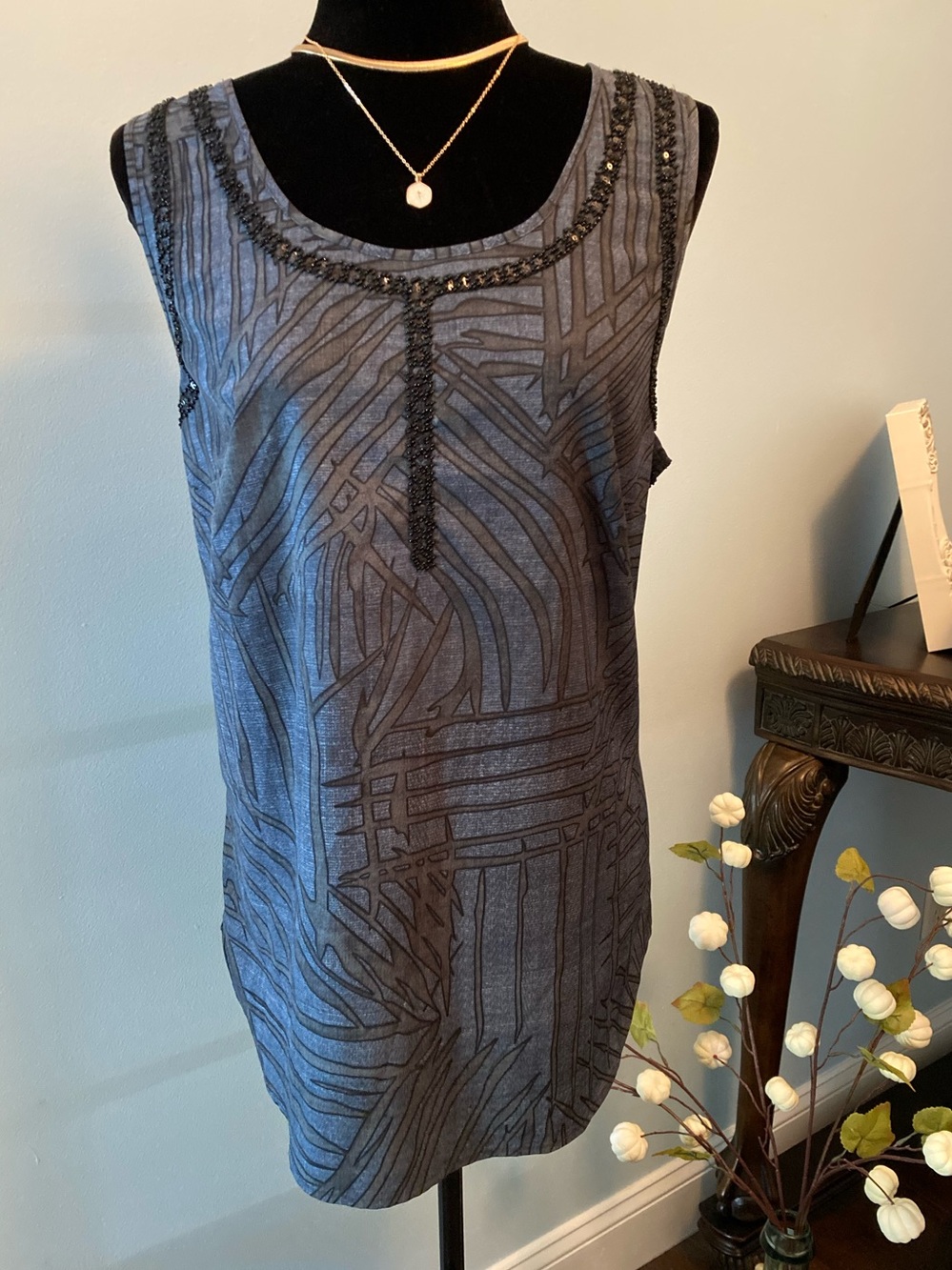 CAbi Navy Blue & Black Beaded Tank Top Tunic Size Large
